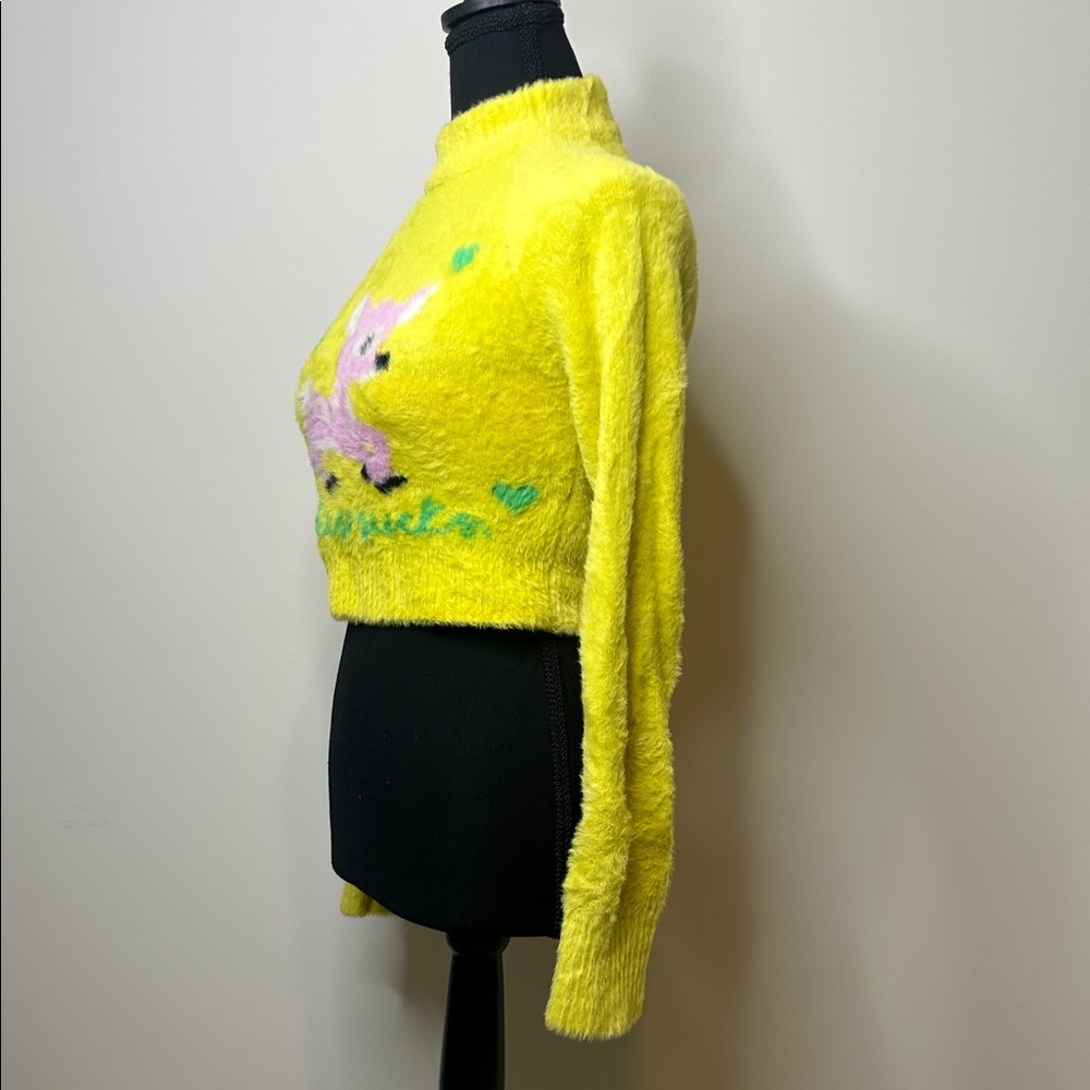 Urban Outfitters Neon Yellow Fuzzy Crop Sweater with Pink Deer Motif Kawaii Y2K - Picture 2 of 6